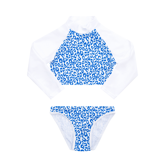 Maillot de bain deux pièces manche longue panthère bleu junior